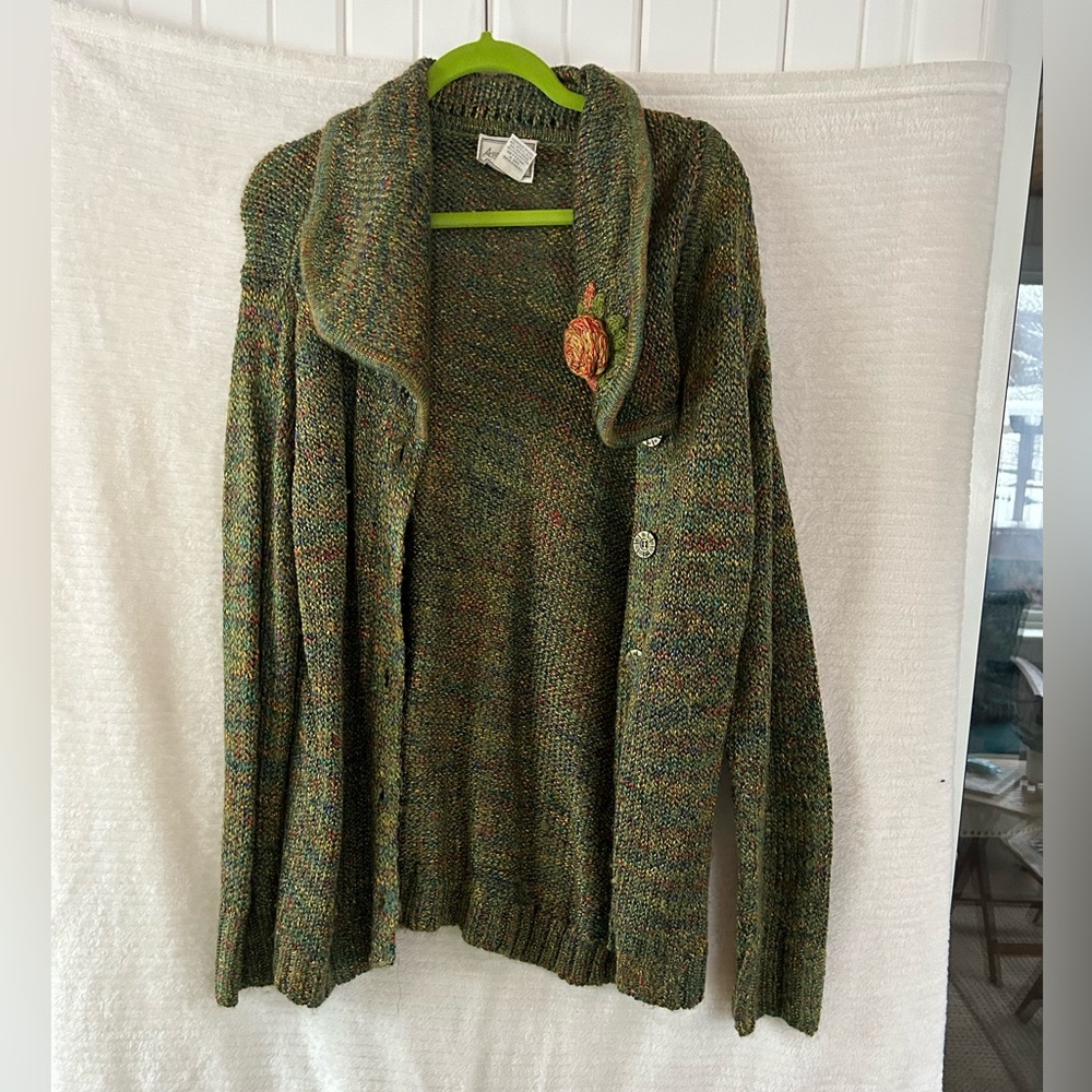 April Cornell Green Sweater / Cardigan with Embroidered Detail